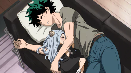 HD PC desktop wallpaper featuring Izuku Midoriya and Eri from My Hero Academia, peacefully resting together in an anime-style scene.