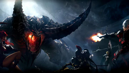 HD PC desktop wallpaper/background from the video game Ark: Survival Evolved: armored survivors firing weapons at a colossal horned, glowing-eyed dragon amid a stormy, smoky battle.