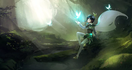 HD PC desktop wallpaper featuring Venti from the video game Genshin Impact, depicted in a serene forest setting with glowing butterflies.