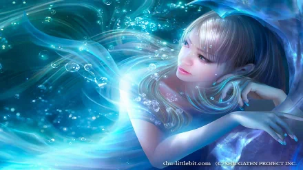 A fantasy-themed HD desktop wallpaper featuring a serene woman surrounded by ethereal blue swirls and bubbles, evoking a magical underwater atmosphere.
