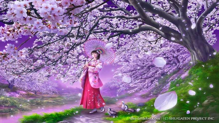 An enchanting HD fantasy wallpaper depicting a woman in traditional attire standing under blooming cherry blossoms, holding a parasol amidst a serene, petal-strewn path.