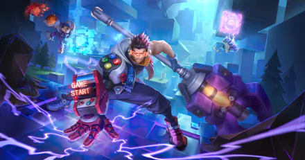 5K Ultra HD PC desktop wallpaper — Honor of Kings: cyberpunk hero swings a massive hammer over a neon grid, glowing Game Start icons.