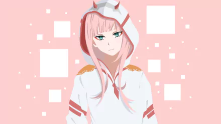 4K Ultra HD anime wallpaper featuring Zero Two from Darling in the FranXX wearing a white hoodie with red accents against a pink background with white squares.
