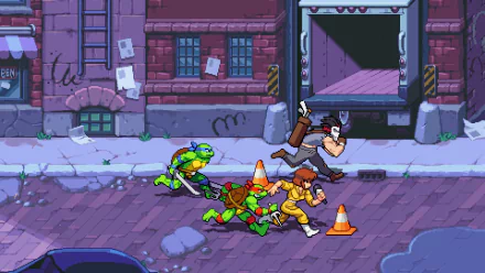 HD wallpaper of Teenage Mutant Ninja Turtles: Shredder's Revenge game featuring characters in action on a city street background.