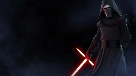 HD PC desktop wallpaper of Kylo Ren (Ben Solo) from the video game Star Wars Battlefront II (2017), hooded and cloaked, wielding his red crossguard lightsaber amid smoky darkness.