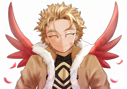 Anime-style 4K Ultra HD wallpaper featuring Hawks from My Hero Academia with red wings, a fur-lined jacket, and a calm, smiling expression.