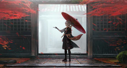 HD PC desktop wallpaper of Kaedehara Kazuha from the video game Genshin Impact, standing with a red umbrella amidst falling red leaves in a serene, traditional setting.