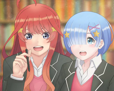 HD PC wallpaper: crossover anime portrait of Rem (Re:ZERO) and Itsuki Nakano in school uniforms, smiling together against a warm, blurred indoor background.