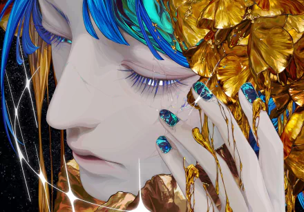 HD PC desktop wallpaper of Phosphophyllite (Land of the Lustrous), anime close-up with blue-green hair, gem-like nails and shimmering gold petals.