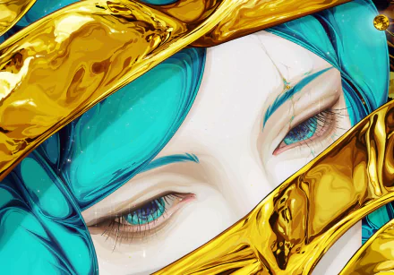 Close-up of Phosphophyllite from Land of the Lustrous: teal hair and luminous eyes framed by flowing gold ribbons — HD anime desktop wallpaper/background.
