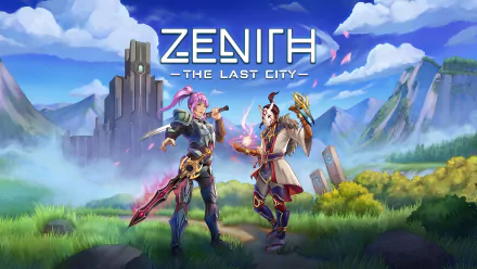 Zenith: The Last City game characters with logo on scenic landscape HD wallpaper.