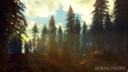 A serene HD wallpaper from Mortal Online 2, featuring tall trees and vibrant foliage bathed in warm sunlight, set against a clear sky and inviting landscape.