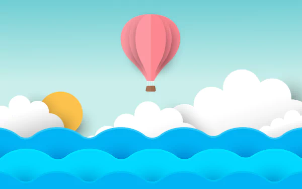 Minimalist artistic 8K Ultra HD PC desktop wallpaper: pink hot-air balloon floats above layered blue sea waves, sun peeking behind white clouds under a clear teal sky.