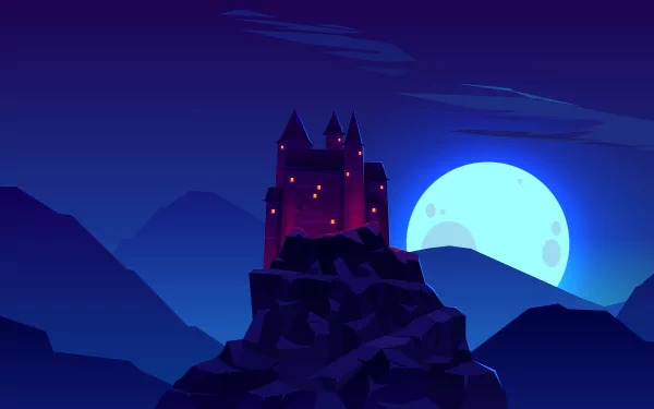 Minimalist blue 8K Ultra HD desktop wallpaper featuring an artistic castle perched on a mountain under a glowing full moon in a serene night landscape.