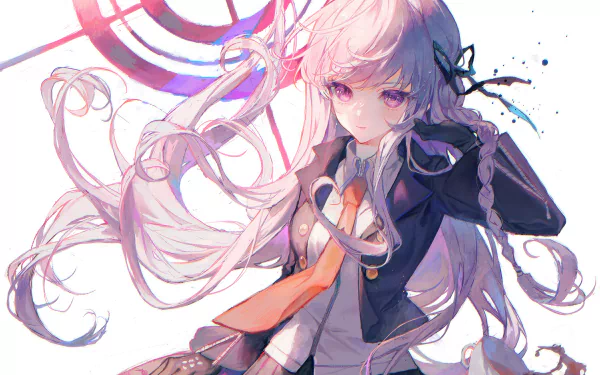 2K PC wallpaper of Kyōko Kirigiri from the Danganronpa video game: silver‑lilac braided hair, purple eyes, school uniform with orange tie, flowing hair and abstract target motif.