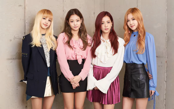 HD PC desktop wallpaper featuring the four members of BlackPink standing against a neutral background, showcasing stylish outfits and confident poses in a music-themed image.