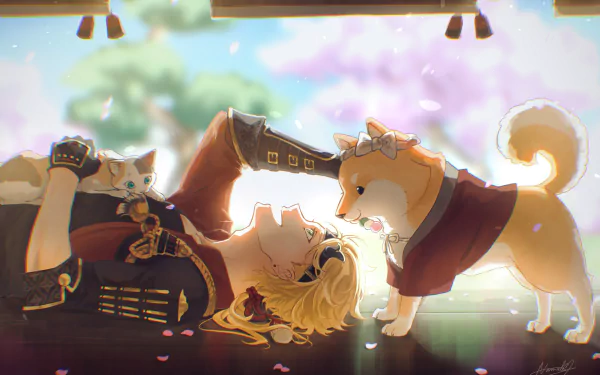 Thoma from Genshin Impact lies on the floor with a cat on his chest and a Shiba Inu dog nearby in this HD PC desktop wallpaper from the video game Genshin Impact.
