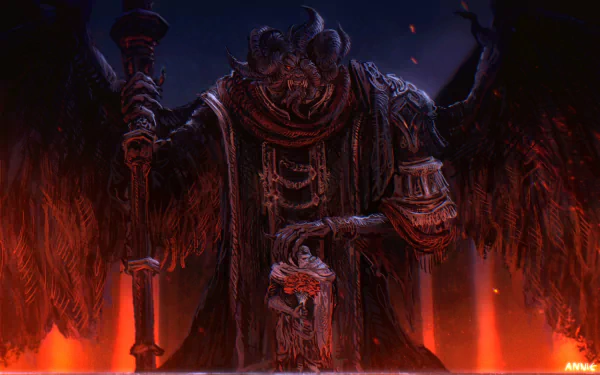 HD PC desktop wallpaper featuring Mohg, Lord of Blood from the video game Elden Ring, depicted in dark, fiery tones with a menacing stance.