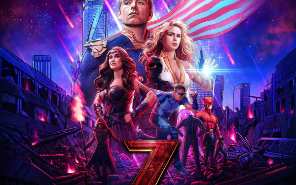 HD PC desktop wallpaper featuring main characters from the TV show The Boys (2019) with vibrant colors and an intense, action-packed city background at night.