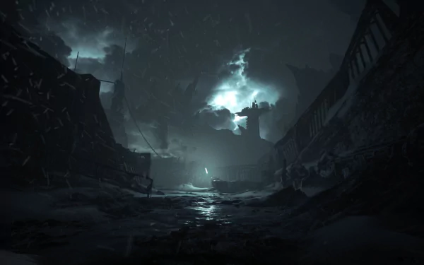 Moody, rain-slick alien corridor from the video game The Callisto Protocol — storm-lit, oppressive 4K Ultra HD PC desktop wallpaper and background.