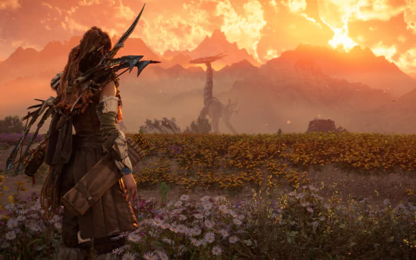 Aloy (Horizon Forbidden West) stands in a wildflower field at sunset, watching a distant Tallneck against mountain peaks — 4K Ultra HD PC video game desktop wallpaper.
