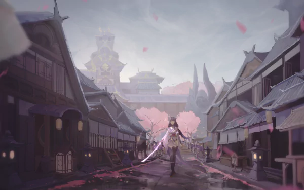 Baal Raiden Shogun from Genshin Impact stands poised with her sword in a detailed 4K Ultra HD video game wallpaper background of a traditional village.