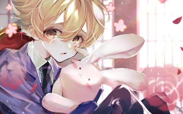 Mitsukuni Haninozuka from Ouran High School Host Club cuddling a pink plush bunny in a soft pastel 4K Ultra HD anime PC desktop wallpaper/background.