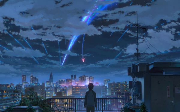 A stunning 8K Ultra HD wallpaper featuring a scene from the anime Your Name. A figure stands on a rooftop, gazing at a vibrant city skyline illuminated by shooting stars.