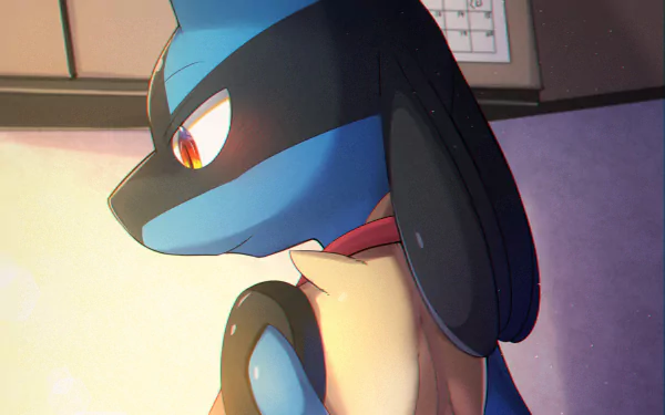 HD PC desktop wallpaper featuring Lucario from Pokémon, captured in a close-up side profile with warm lighting, highlighting the iconic video game character.