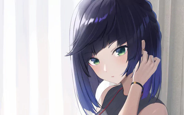 HD PC desktop wallpaper featuring Yelan from the video game Genshin Impact with short dark hair and striking green eyes against a softly lit background.