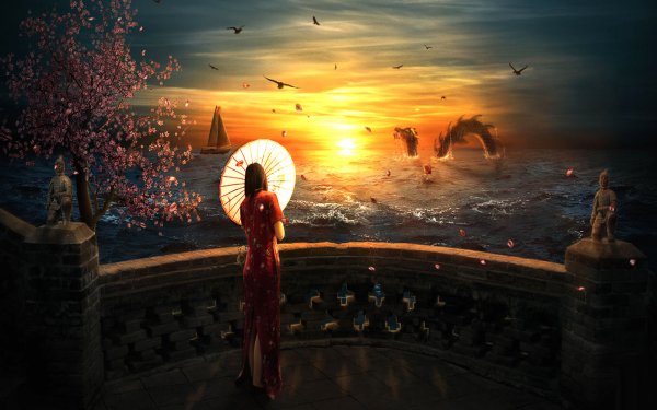 Fantasy Dragon Sunset Asian Parasol Sakura Ocean Sea HD Wallpaper | Background Image
