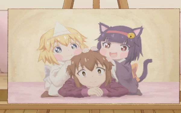 HD PC wallpaper of Myako, Yuurei-chan and Fushihara from Miss Shachiku and the Little Baby Ghost — two playful girls (one cat-eared, one ghost-hatted) perched on a resting woman.