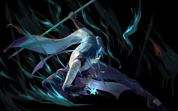 Xiao from Genshin Impact in dynamic action pose with glowing blue energy, captured in stunning 8K Ultra HD PC desktop wallpaper quality.
