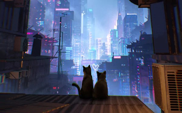 Two cats sitting on a rooftop overlooking a futuristic, neon-lit sci-fi city. HD desktop wallpaper and background.