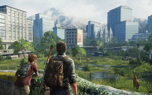8K Ultra HD PC desktop wallpaper featuring a scene from the video game The Last of Us, showing two characters overlooking an overgrown urban landscape with deer.