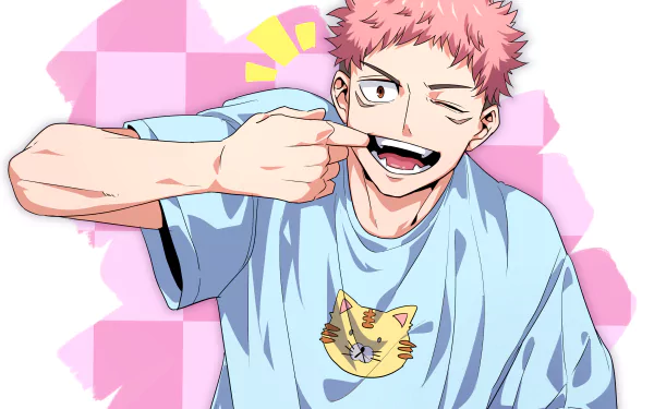 Anime HD PC wallpaper featuring Yuji Itadori from Jujutsu Kaisen, smiling and winking with a playful gesture against a pink checkered background.