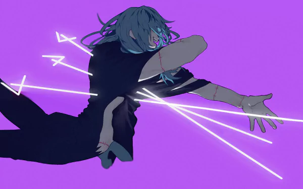 HD PC desktop wallpaper of Mahito (Jujutsu Kaisen) from the anime Jujutsu Kaisen, airborne against a vivid purple background with glowing white streaks.