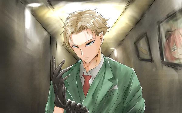 HD anime wallpaper featuring Loid Forger from Spy x Family, depicted adjusting a black glove in a dimly lit hallway with framed pictures on the walls.
