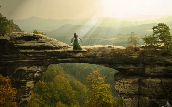 A fantasy scene featuring a woman in a flowing green dress standing on a natural stone arch, surrounded by lush autumn trees and distant mountains under soft, golden sunlight.