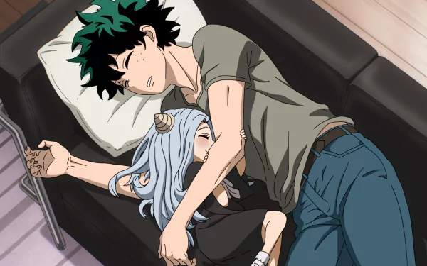 HD PC desktop wallpaper featuring Izuku Midoriya and Eri from My Hero Academia, peacefully resting together in an anime-style scene.