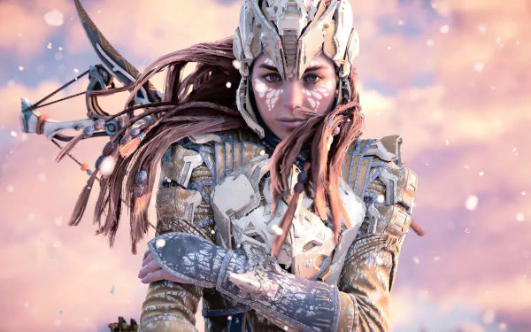 Aloy from Horizon Forbidden West in detailed armor, featured in a 4K Ultra HD PC desktop wallpaper from the Horizon video game series.