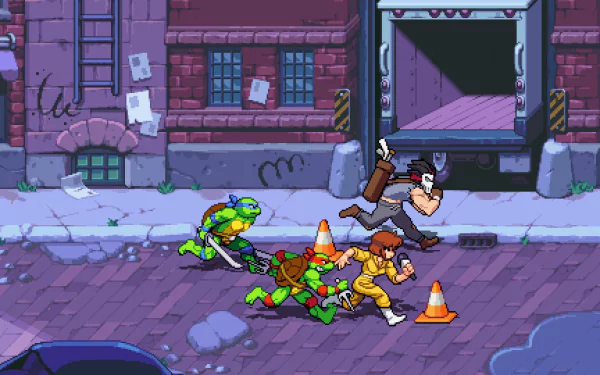 HD wallpaper of Teenage Mutant Ninja Turtles: Shredder's Revenge game featuring characters in action on a city street background.