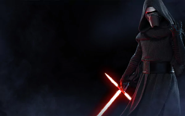 HD PC desktop wallpaper of Kylo Ren (Ben Solo) from the video game Star Wars Battlefront II (2017), hooded and cloaked, wielding his red crossguard lightsaber amid smoky darkness.