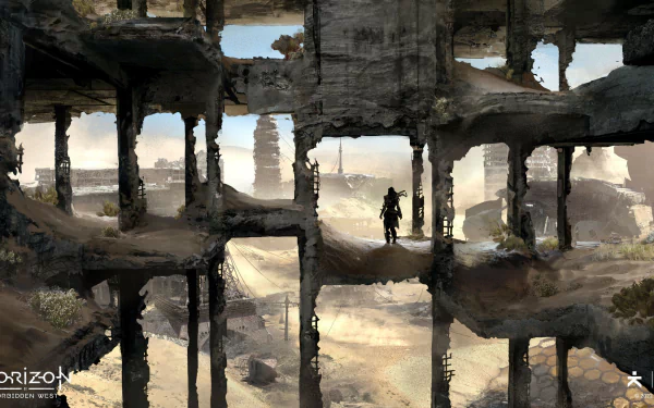 A 4K Ultra HD PC wallpaper from the video game Horizon Forbidden West showcasing a lone figure standing amidst a vast, decayed structure in a rugged landscape.