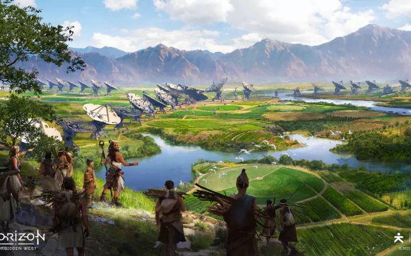 4K Ultra HD PC desktop wallpaper depicting a vibrant landscape from the video game Horizon Forbidden West with characters overlooking futuristic structures and mountains.