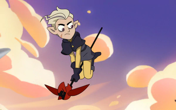 HD PC desktop wallpaper featuring Hunter from the TV show The Owl House, set against a colorful sky with clouds and soft lighting.