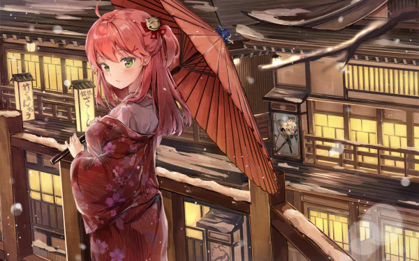 Sakura Miko (hololive) anime Virtual YouTuber in a red kimono holding a parasol on a snowy balcony above lantern-lit traditional street — 2K Quad HD PC desktop wallpaper/background.