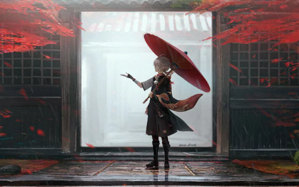 HD PC desktop wallpaper of Kaedehara Kazuha from the video game Genshin Impact, standing with a red umbrella amidst falling red leaves in a serene, traditional setting.