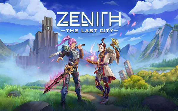 Zenith: The Last City game characters with logo on scenic landscape HD wallpaper.