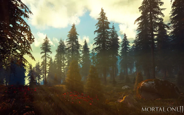 A serene HD wallpaper from Mortal Online 2, featuring tall trees and vibrant foliage bathed in warm sunlight, set against a clear sky and inviting landscape.